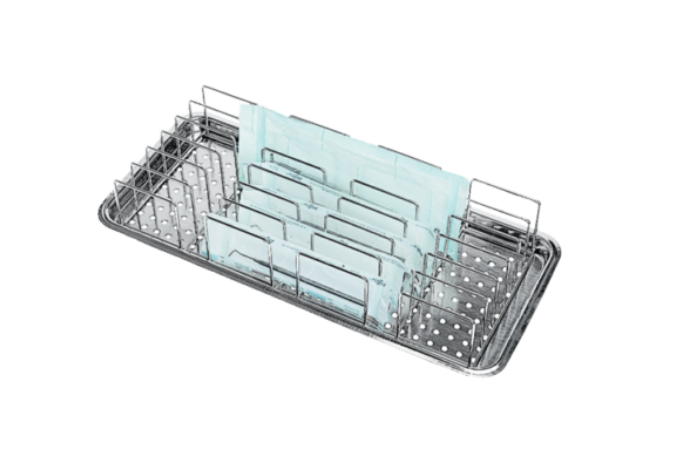 Stainless steel pouch rack for loading and unloading instruments used with tabletop autoclaves
