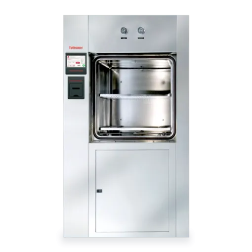 Freestanding laboratory autoclave with open door and chamber