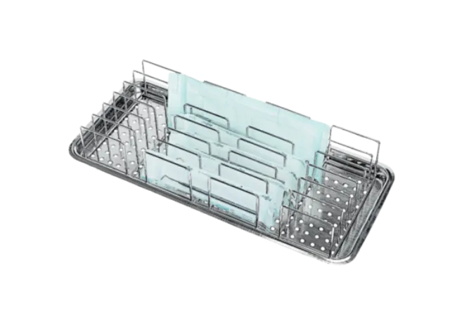 Stainless steel pouch rack for loading and unloading instruments used with tabletop autoclaves